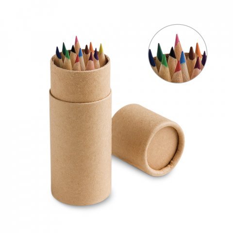 CRICKET. Caixa cil&iacute;ndrica em papel kraft reciclado com 12 l&aacute;pis de cor
