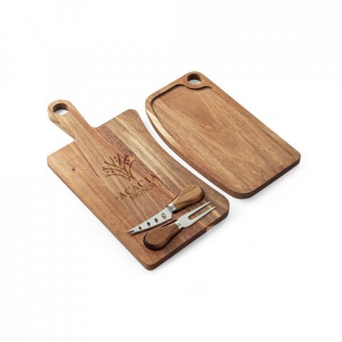 HAVEN. T&aacute;bua de queijos em madeira de ac&aacute;cia com 2 utens&iacute;lios em madeira de ac&aacute;cia e a&ccedil;o inox - Natural escuro