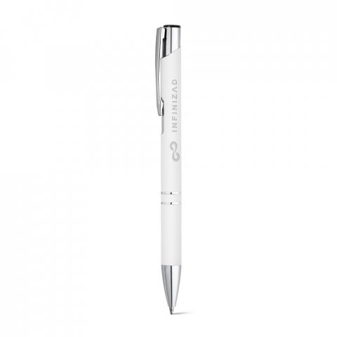 BETA SOFT. Esferogr&aacute;fica em alum&iacute;nio com acabamento emborrachado e escrita em preto - Branco