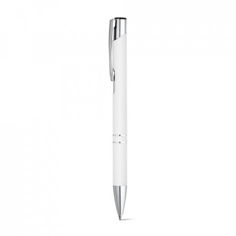 BETA SOFT. Esferogr&aacute;fica em alum&iacute;nio com acabamento emborrachado e escrita em preto - Branco