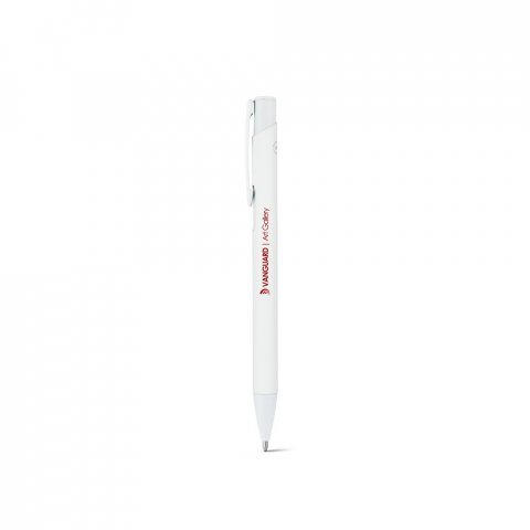 CLINT. Caneta esferogr&aacute;fica em alum&iacute;nio 100% reciclado, com acabamento em borracha e escrita em azul - Branco