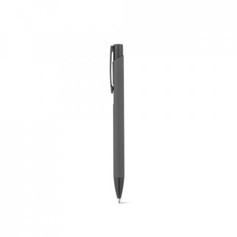 CLINT. Caneta esferogr&aacute;fica em alum&iacute;nio 100% reciclado, com acabamento em borracha e escrita em azul - Cinza