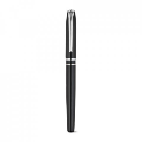 SARAMAGO. Set premium de 1 caneta esferogr&aacute;fica e 1 caneta roller em cobre e a&ccedil;o inox, com escrita em azul - Preto