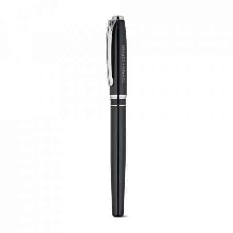 SARAMAGO. Set premium de 1 caneta esferogr&aacute;fica e 1 caneta roller em cobre e a&ccedil;o inox, com escrita em azul - Preto