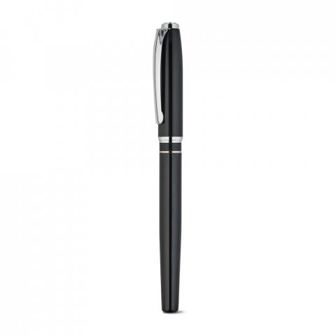 SARAMAGO. Set premium de 1 caneta esferogr&aacute;fica e 1 caneta roller em cobre e a&ccedil;o inox, com escrita em azul - Preto