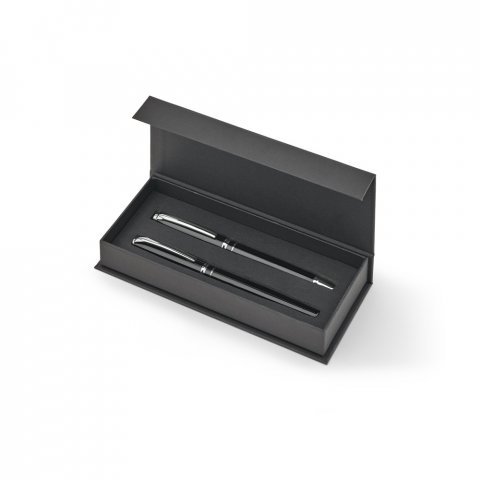 SARAMAGO. Set premium de 1 caneta esferogr&aacute;fica e 1 caneta roller em cobre e a&ccedil;o inox, com escrita em azul - Preto