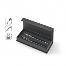 SARAMAGO. Set premium composto por 1 caneta esferogr&aacute;fica e 1 caneta roller em cobre e a&ccedil;o inox, com escrita em azul