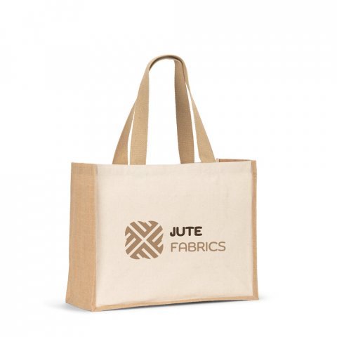 HELSINQUE. Sacola em canvas (320g/m&sup2;), com fundo e laterais em juta laminada (350 g/m&sup2;) de tons naturais