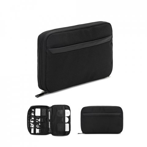 YANGON. Bolsa organizadora espa&ccedil;osa para acess&oacute;rios tecnol&oacute;gicos em poli&eacute;ster reciclado 600D twill