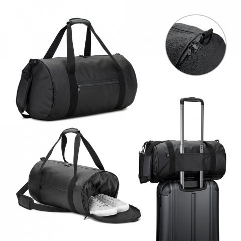 OSASCO SPORT. Bolsa esportiva em formato cil&iacute;ndrico em poli&eacute;ster reciclado 600D de alta densidade com compartimento lateral para sapatos (32 L)