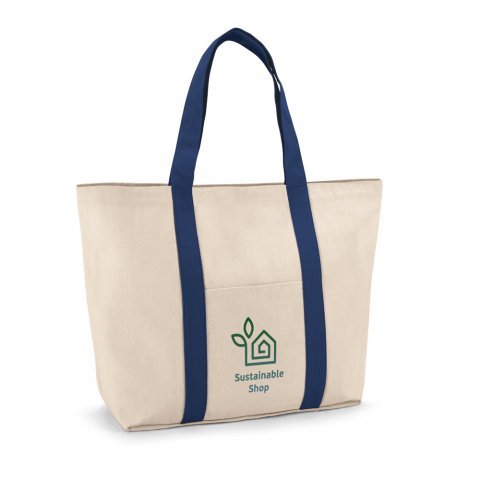VILLE. Sacola 100% algod&atilde;o canvas (280 g/m&sup2;) com bolso frontal, bolso interior e fecho magn&eacute;tico - Azul