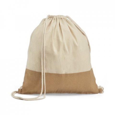 SABLON. Sacola tipo mochila 100% algod&atilde;o (160 g/m&sup2;) com detalhe em imita&ccedil;&atilde;o de juta