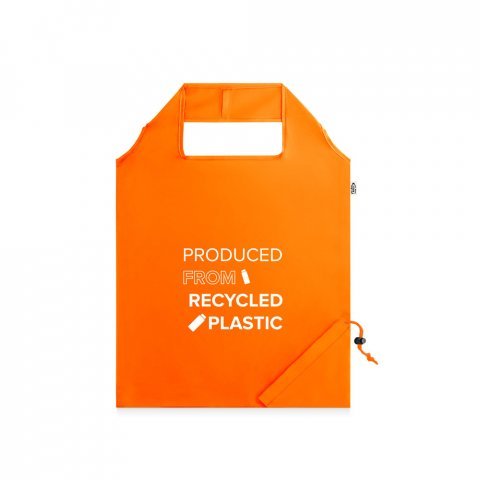 BEIRA. Sacola dobr&aacute;vel em poli&eacute;ster reciclado 190T, produzida a partir de pl&aacute;stico reciclado - Laranja