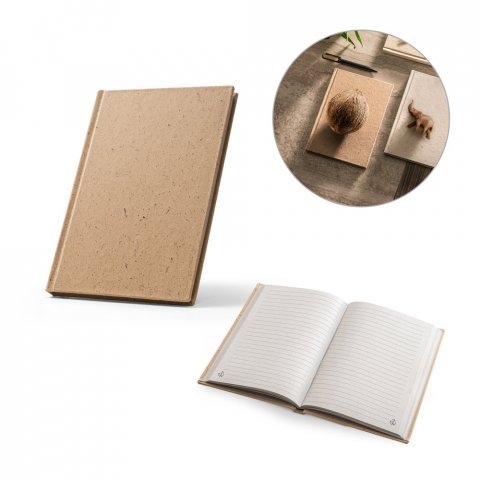COCOPAD. Caderno A5 em casca de coco (60%) e trapos de algod&atilde;o (40%), com 160 p&aacute;ginas pautadas recicladas
