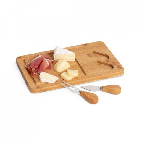 WOODS. T&aacute;bua de queijos em bambu com 2 utens&iacute;lios em bambu e a&ccedil;o inox - Natural