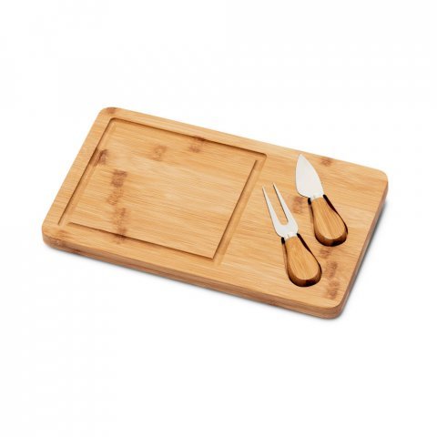WOODS. T&aacute;bua de queijos em bambu com 2 utens&iacute;lios em bambu e a&ccedil;o inox - Natural