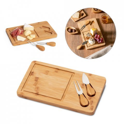 WOODS. T&aacute;bua de queijos em bambu com 2 utens&iacute;lios em bambu e a&ccedil;o inox