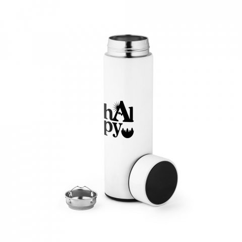 ROSSI. Garrafa t&eacute;rmica em a&ccedil;o inox de parede dupla isolada a v&aacute;cuo, com term&ocirc;metro digital (450 mL) - Branco