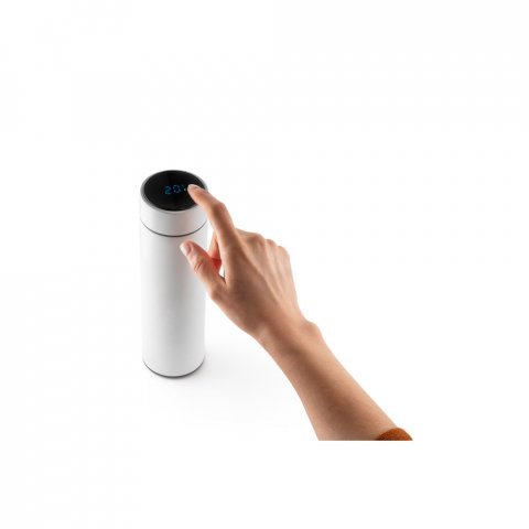 ROSSI. Garrafa t&eacute;rmica em a&ccedil;o inox de parede dupla isolada a v&aacute;cuo, com term&ocirc;metro digital (450 mL) - Branco
