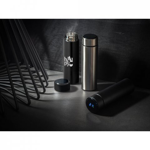 ROSSI. Garrafa t&eacute;rmica em a&ccedil;o inox de parede dupla isolada a v&aacute;cuo, com term&ocirc;metro digital (450 mL)