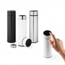 ROSSI. Garrafa t&eacute;rmica em a&ccedil;o inox de parede dupla isolada a v&aacute;cuo, com term&ocirc;metro digital (450 mL)