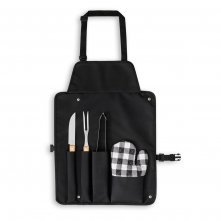 CHAMP. Kit churrasco com 3 utens&iacute;lios em a&ccedil;o inox e madeira de Seringueira e luva