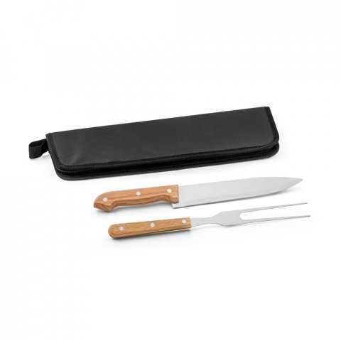 CUBAT. Kit churrasco em estojo em 210D com 2 utens&iacute;lios em a&ccedil;o inox e madeira seringueira - Preto