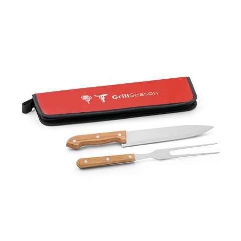 CUBAT. Kit churrasco em estojo em 210D com 2 utens&iacute;lios em a&ccedil;o inox e madeira seringueira - Vermelho
