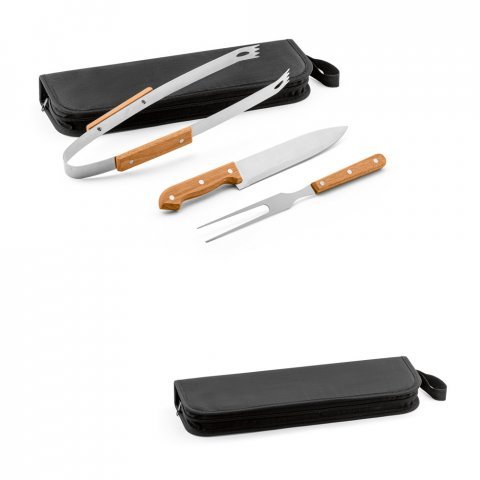 GARLIC. Kit churrasco em estojo de 210D com 3 utens&iacute;lios em a&ccedil;o inox e madeira de Seringueira