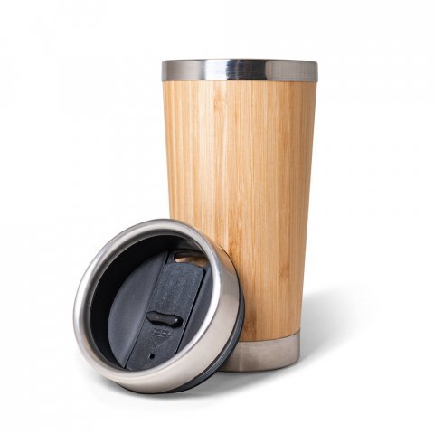 PIETRO. Copo de viagem t&eacute;rmico em a&ccedil;o inox e bambu, de parede dupla isolada a ar (500 mL) - Natural