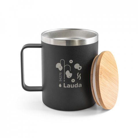 LAUDA. Copo de viagem t&eacute;rmico em a&ccedil;o inox 90% reciclado de parede dupla isolada a v&aacute;cuo (420 mL) - Preto