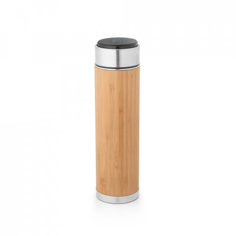 JOSHUA. Garrafa t&eacute;rmica em a&ccedil;o inox e bambu, de parede dupla isolada a v&aacute;cuo, com term&oacute;metro digital (430 mL) - Natural