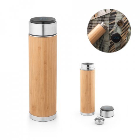 JOSHUA. Garrafa t&eacute;rmica em a&ccedil;o inox e bambu, de parede dupla isolada a v&aacute;cuo, com term&oacute;metro digital (430 mL)