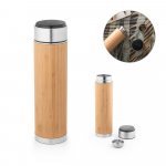 JOSHUA. Garrafa t&eacute;rmica em a&ccedil;o inox e bambu, de parede dupla isolada a v&aacute;cuo, com term&oacute;metro digital (430 mL)