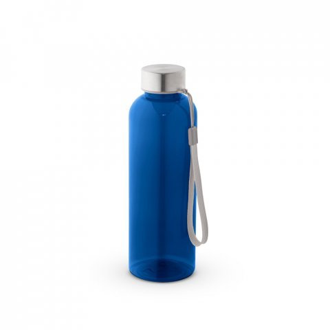ENDERS. Squeeze em PET 100% reciclado e tampa em a&ccedil;o inox, com pega em corda 580 mL - Azul