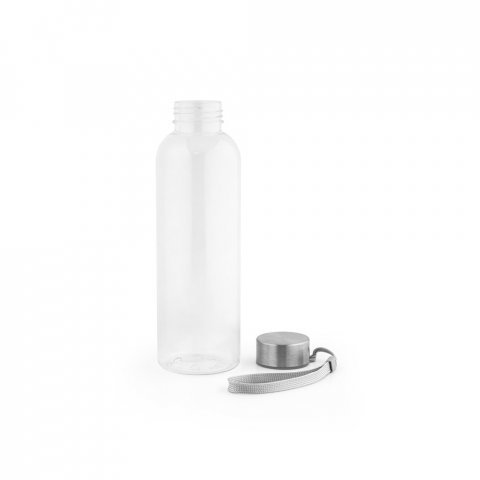 ENDERS. Squeeze em PET 100% reciclado e tampa em a&ccedil;o inox, com pega em corda 580 mL - Transparente