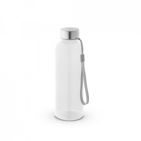 ENDERS. Squeeze em PET 100% reciclado e tampa em a&ccedil;o inox, com pega em corda 580 mL - Transparente