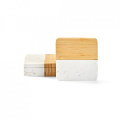 MARBOO CUP. Conjunto de 4 porta copos em m&aacute;rmore e bambu em formato quadrado - Natural