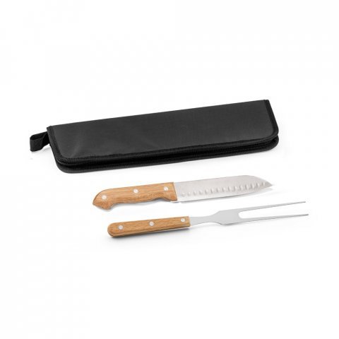 LOVAGE. Kit churrasco com estojo em 210D com 2 utens&iacute;lios em a&ccedil;o inox e cabos em madeira - Preto