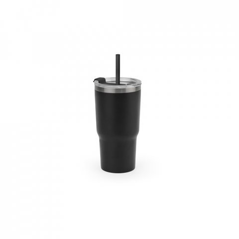 JOYNER M. Copo de viagem compacto em a&ccedil;o inox 91% reciclado com parede dupla isolada a v&aacute;cuo com acabamento mate (600 mL) - Preto