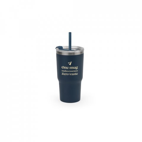 JOYNER M. Copo de viagem compacto em a&ccedil;o inox 91% reciclado com parede dupla isolada a v&aacute;cuo com acabamento mate (600 mL) - Azul marinho