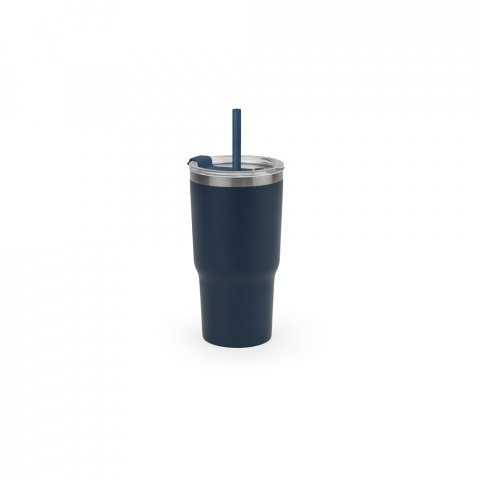 JOYNER M. Copo de viagem compacto em a&ccedil;o inox 91% reciclado com parede dupla isolada a v&aacute;cuo com acabamento mate (600 mL) - Azul marinho