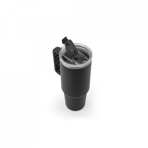 JOYNER XL. Copo de viagem de grande dimensão em aço inoxidável 91% reciclado com parede dupla isolada a vácuo e acabamento em mate 1300 mL - Preto