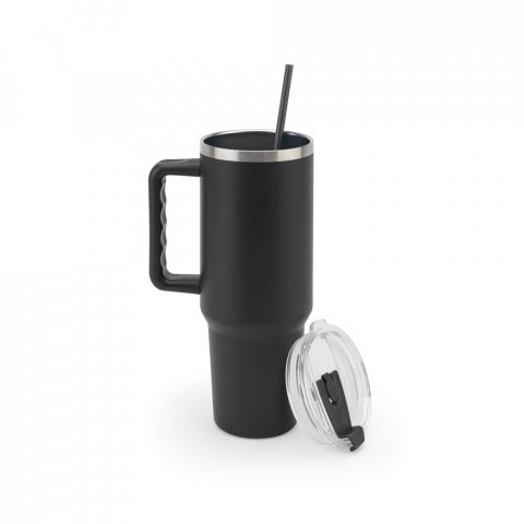 JOYNER XL. Copo de viagem de grande dimensão em aço inoxidável 91% reciclado com parede dupla isolada a vácuo e acabamento em mate 1300 mL - Preto
