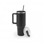 JOYNER XL. Copo de viagem de grande dimensão em aço inoxidável 91% reciclado com parede dupla isolada a vácuo e acabamento em mate 1300 mL - Preto