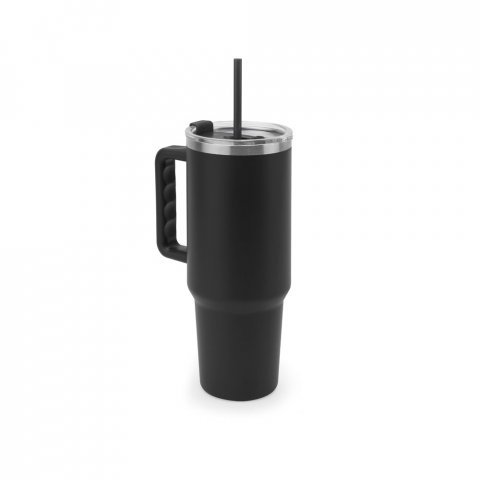JOYNER XL. Copo de viagem de grande dimensão em aço inoxidável 91% reciclado com parede dupla isolada a vácuo e acabamento em mate 1300 mL - Preto