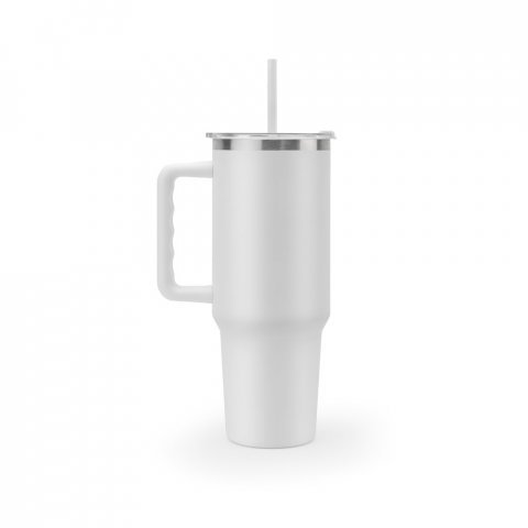 JOYNER XL. Copo de viagem de grande dimensão em aço inoxidável 91% reciclado com parede dupla isolada a vácuo e acabamento em mate 1300 mL - Branco