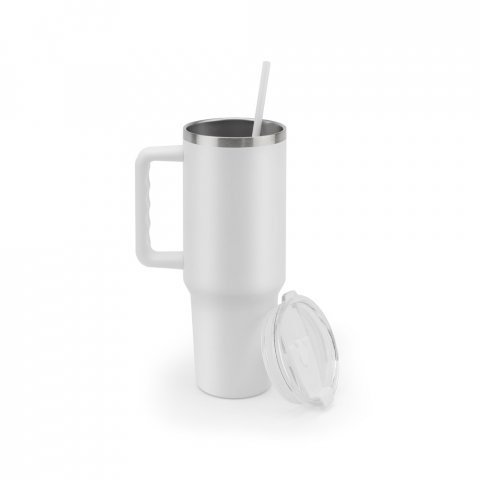 JOYNER XL. Copo de viagem de grande dimensão em aço inoxidável 91% reciclado com parede dupla isolada a vácuo e acabamento em mate 1300 mL - Branco