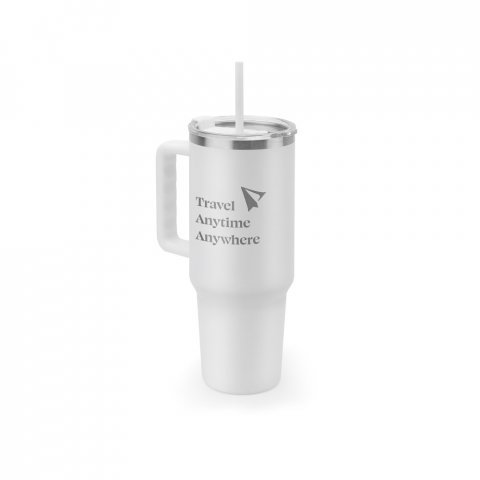 JOYNER XL. Copo de viagem de grande dimensão em aço inoxidável 91% reciclado com parede dupla isolada a vácuo e acabamento em mate 1300 mL - Branco
