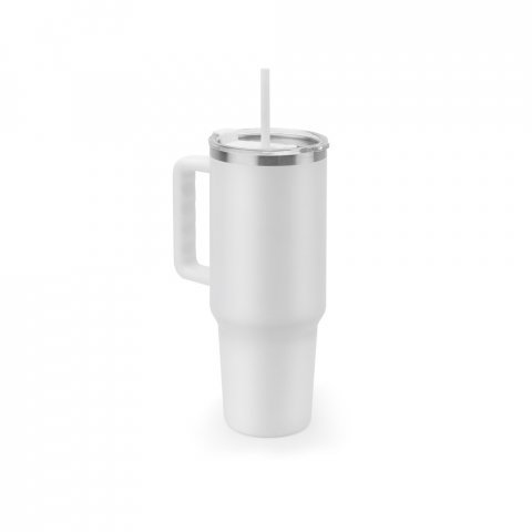 JOYNER XL. Copo de viagem de grande dimensão em aço inoxidável 91% reciclado com parede dupla isolada a vácuo e acabamento em mate 1300 mL - Branco
